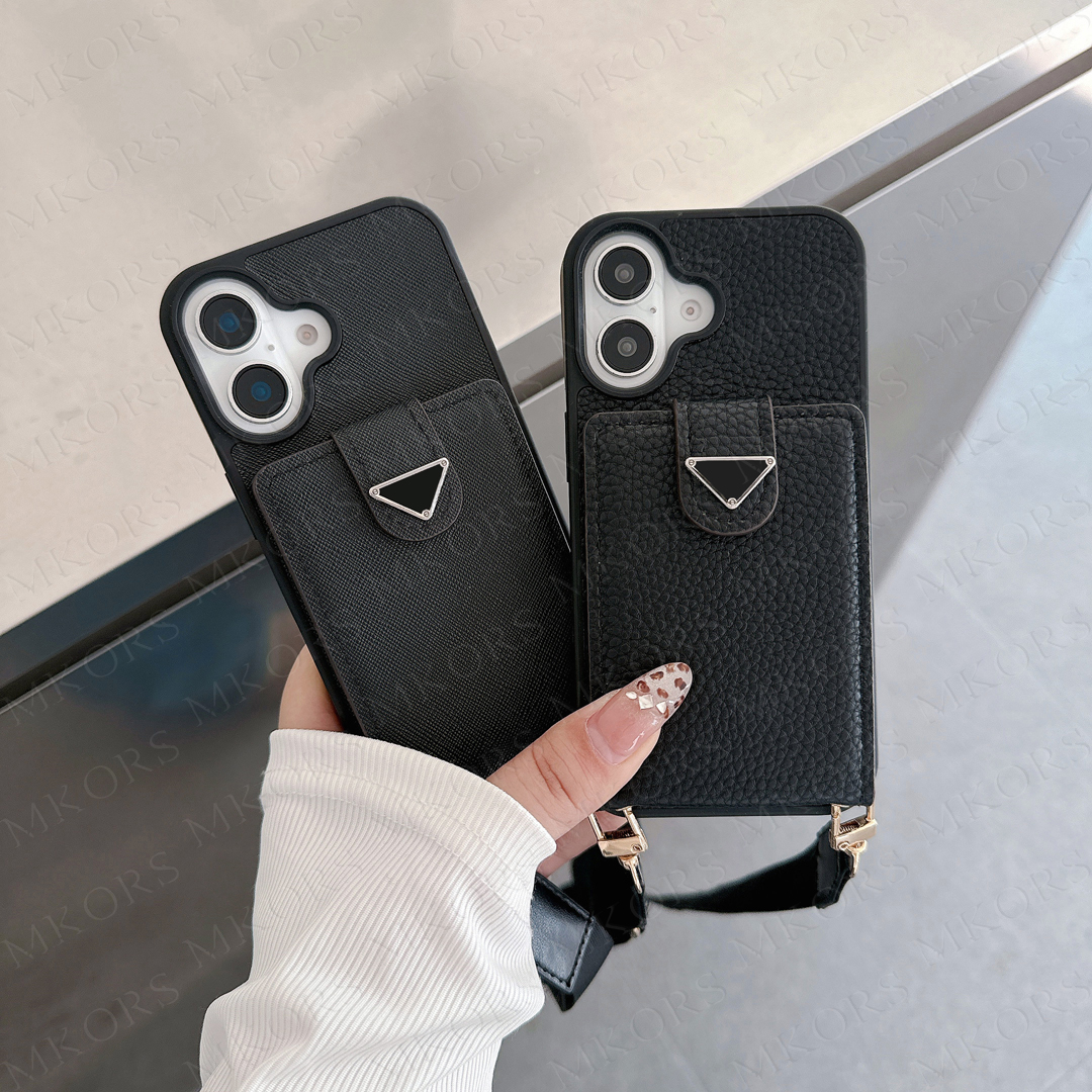 Designer Shoulder Bag Phone Case for iPhone 16 15 Pro Max 14 13 12 11 X Xs Xr 8 7 Plus Leather Folio Card Slot Pocket Detachable Neck String Strap Cov