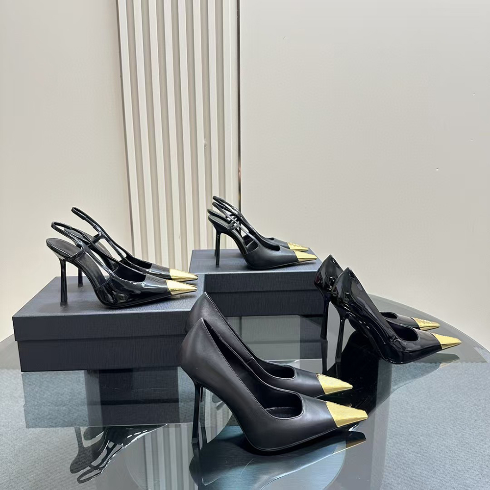 Women's Rear sling Stiletto heel Dress Shoes Cowhide patent leather iron toe Slingbacks Sandals luxury designer Party wedding Evening shoes 35-44 with box