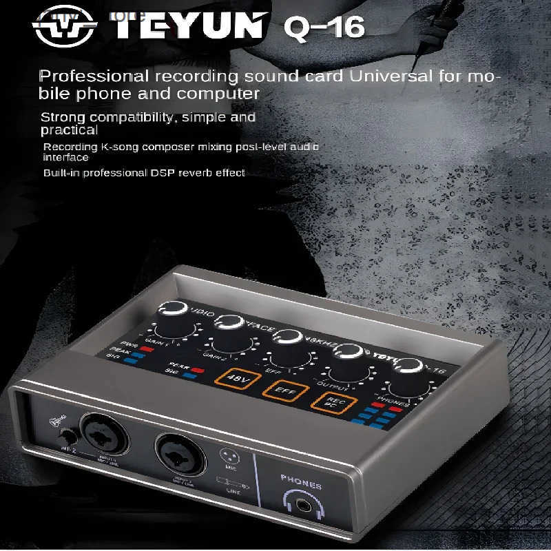 Sound Cards TEYU Q-16 Audio Interface Sound Card 16-bit/48KHz Converter Electric Guitar Live Recording Professional Studio Sing Podcast Q16 L240910