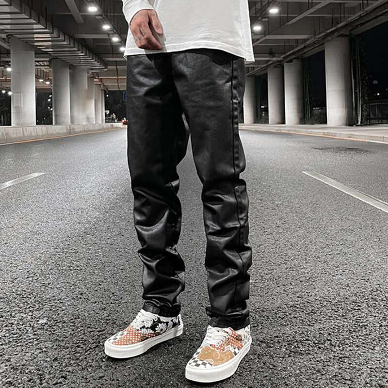 Haruku Black Jeans Men's Vibe Waxed Casual Trousers Straight Pockets Oversized Pencil Loose Hip Hop Mens Pants