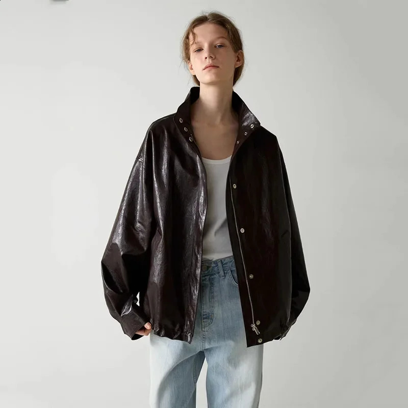 R0w 24ss Womens Autumn/Winter Stand up Collar Contour Leather Jacket Retro Bicycle Jacket Street Clothing 241116