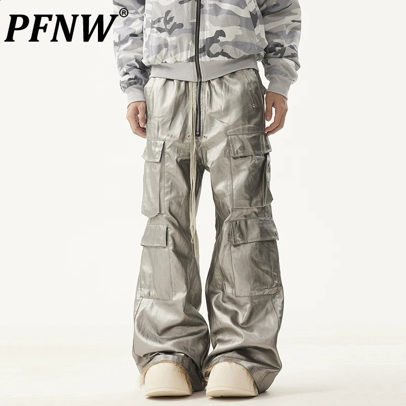 PFNW American Mens Trousers Drawstring Multiple Pockets Matte Coating Silver Stacking Slightly Flared Cargo Pants 28W5487 241116