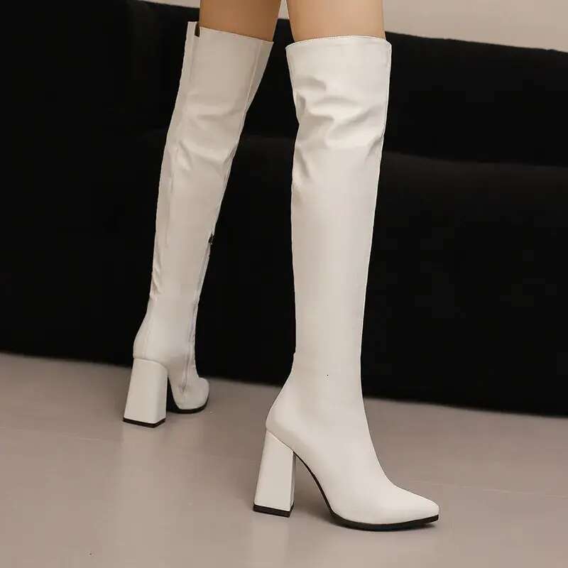Thigh Boots Women Winter Fashion Black White Over the Knee High Boot Ladies Block Heels Zipper Party Shoes Large Size 39e4
