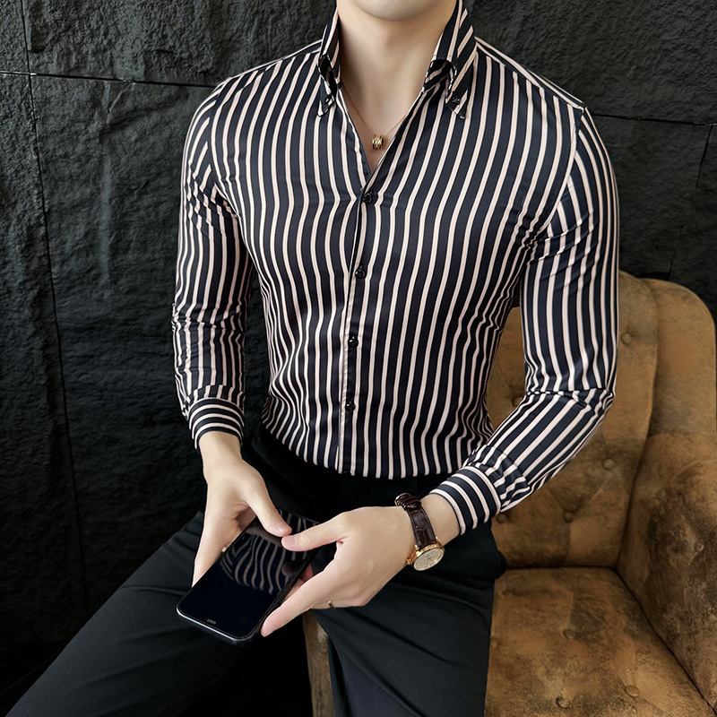 Men's Casual Shirts Luxury Gold Striped Shirt Men Long Sleeve Slim Top Quality British Business Formal Dress Camisa Social Masculina