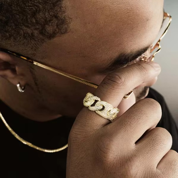 10 Mm Iced Out Hip Hop Certified Gold Real Diamond Cuban Link Band Ring Jewelry Gift for Both Woman Men