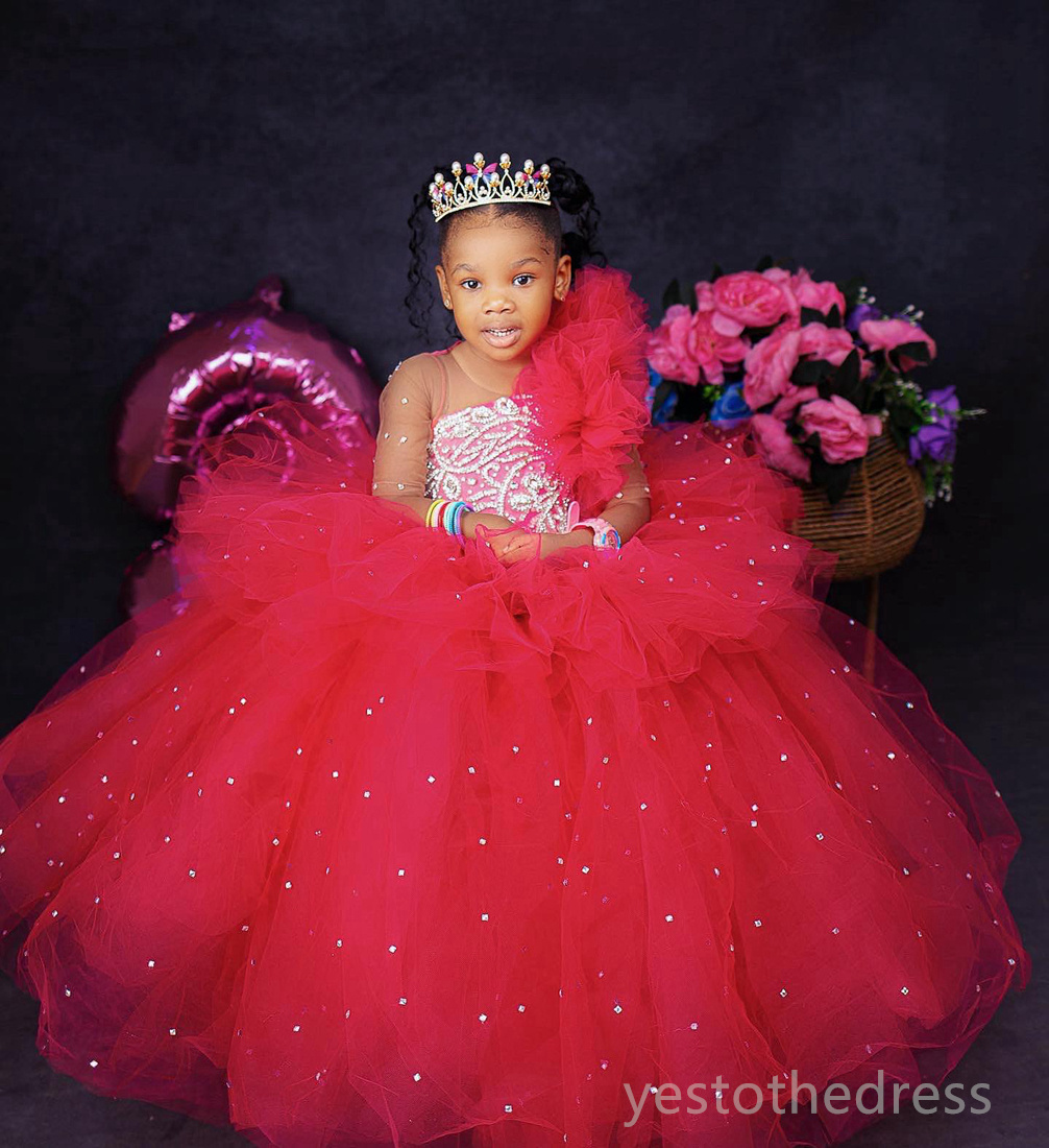 R&W 2024 Hot Pink Girls wer Communion Gowns Long Sleeves Rhies Lace Princess Queen Birthday Party Dress for Little Girl F128