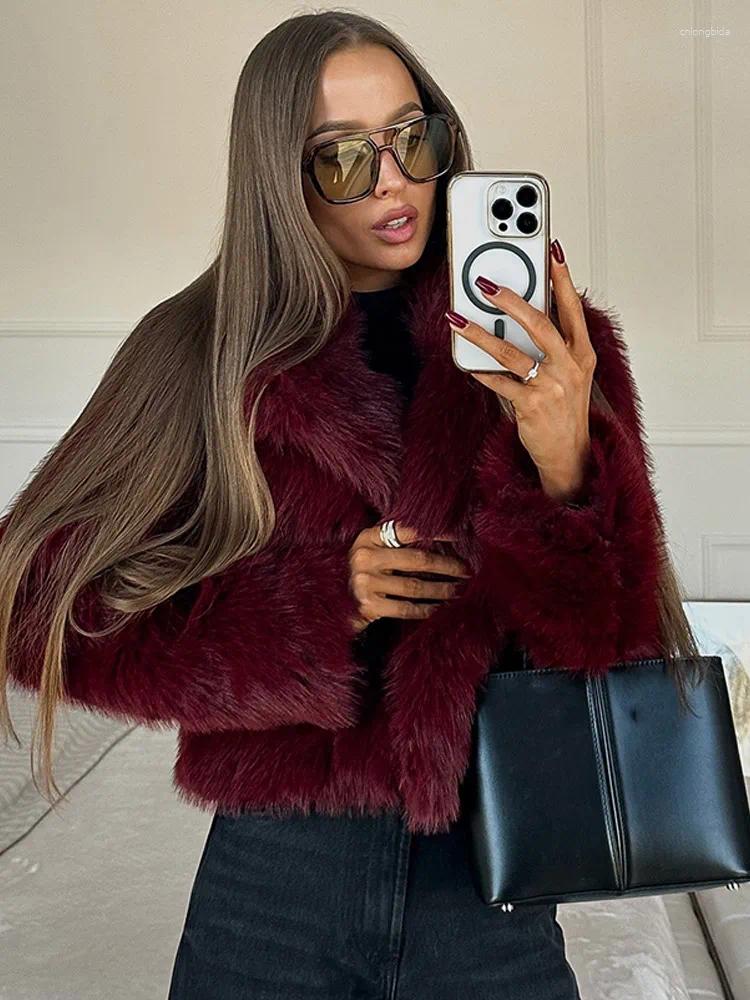 Women's Fur Retro Burgundy Flip Collar Long Sleeves Short Warm Coat Elegant Solid Color Loose Faux Jacket Woman High Street Coats