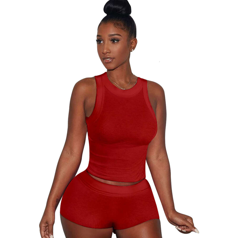 New Summer Sportwear Womens Casual Classic Sexy Solid Color Tank Top Shorts Two Piece Set Pit Stripe Fabric