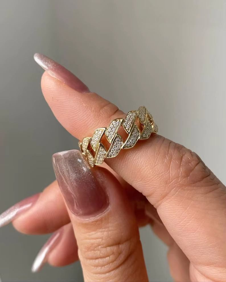 Real Diamond Hip Hop Cuban Curb Chain Ring Full Eternity 14k 18k Gold Trendy Mens for Wedding Anniversary Style Rings Oem
