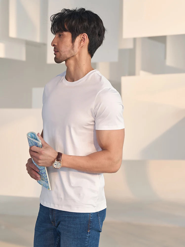 SuyaDream Mens Solid Tee Cotton Silk Blend Plain O neck Short Sleeved Cozy T Shirts Summer Simple Chic Top White Black 240409
