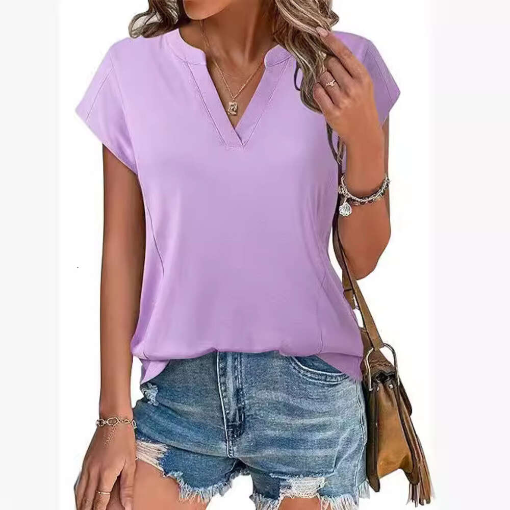 Women's 2024 Spring/summer Solid V-neck Casual Loose Short Sleeved T-shirtF41829