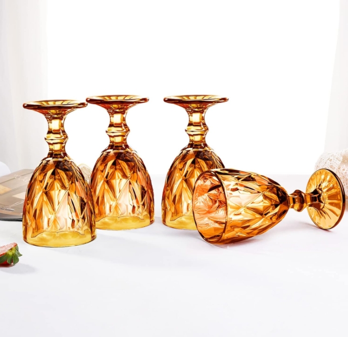 Amber Wine Vintage Drinking Glasses Colored Glassware Water Goblets Bulk Pretty Cups 1011