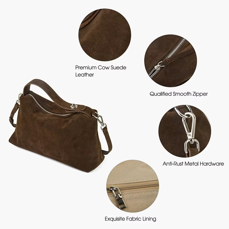Donna-In Natural Cow Suede Handbag For Women Large Capacity Soft Shoulder Spring Retro High Quality Zipper Crossbody Bags Check BagVoyage