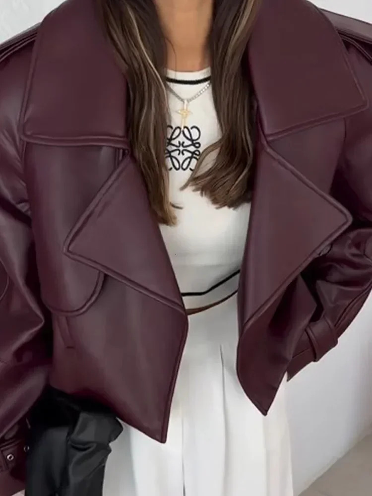Women Casual Loose Pockets Long Sleeve Coats Fashion Burgundy Lapel Faux Leather Jackets 2024 Autumn Lady High Street Outerwear 241118