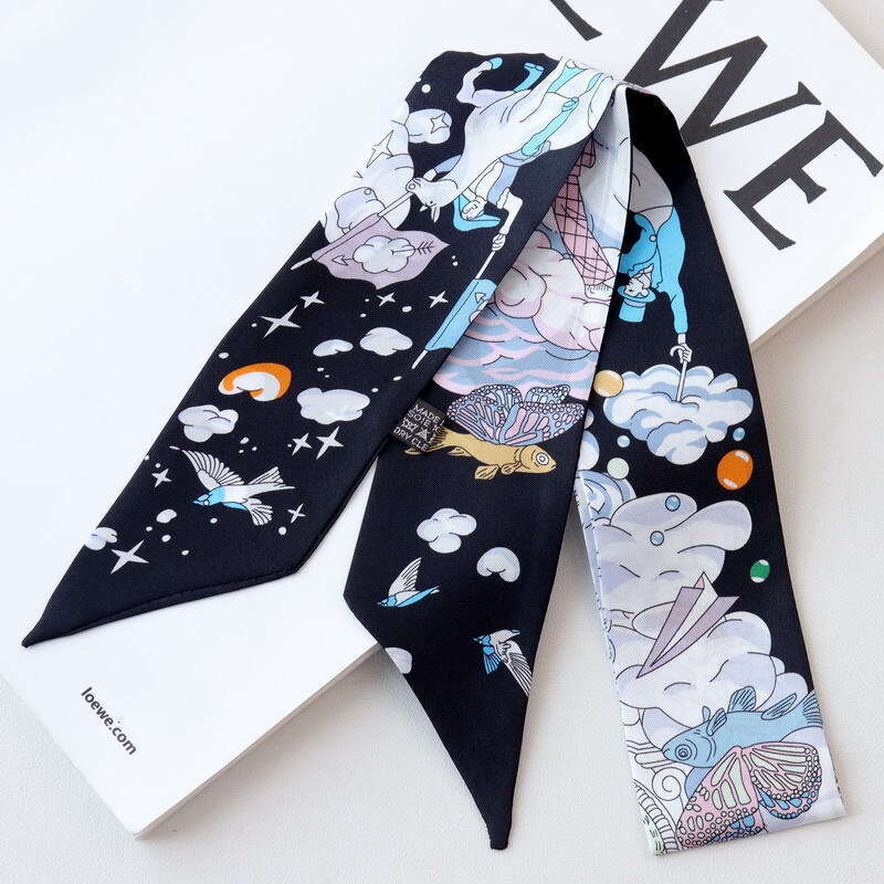 New Cloud Double layered Twill Small Thin Narrow Scarf Versatile Silk Ribbon Long Strip