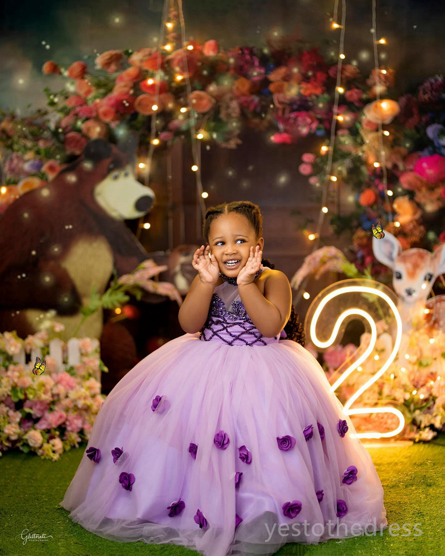 R&W 2024 Purple Girls wer Communion Gowns Halter Pearls Beaded Crystal Princess Queen Birthday Party Dress for Cute Little Girl F127