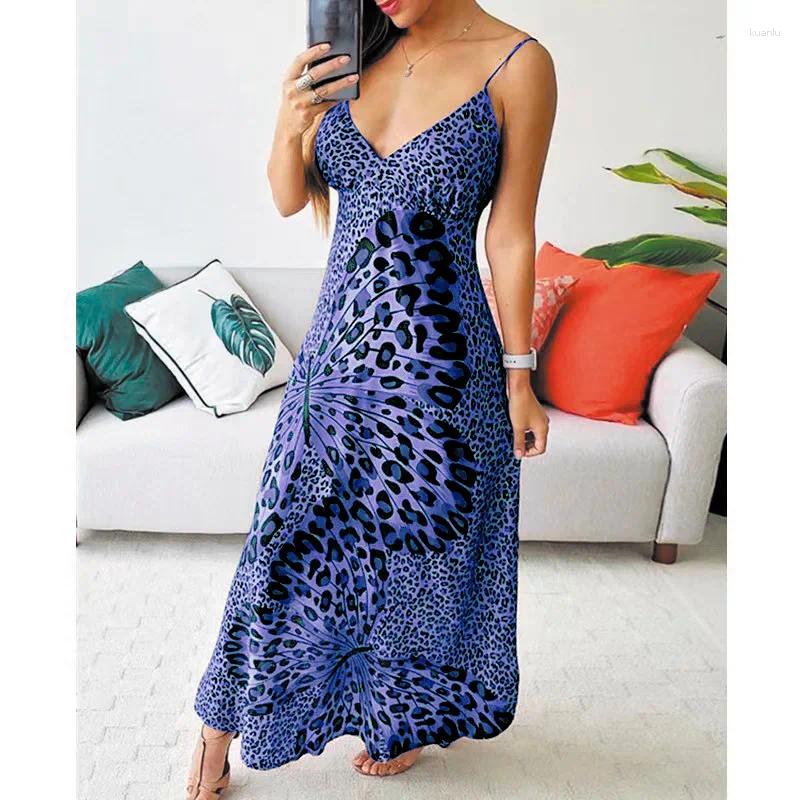 Casual Dresses Y2K INS Sexy Strap Sleeveless V Neck High Waist Vacation Dress Elegant Leopard Butterfly Print Bohemian For Women