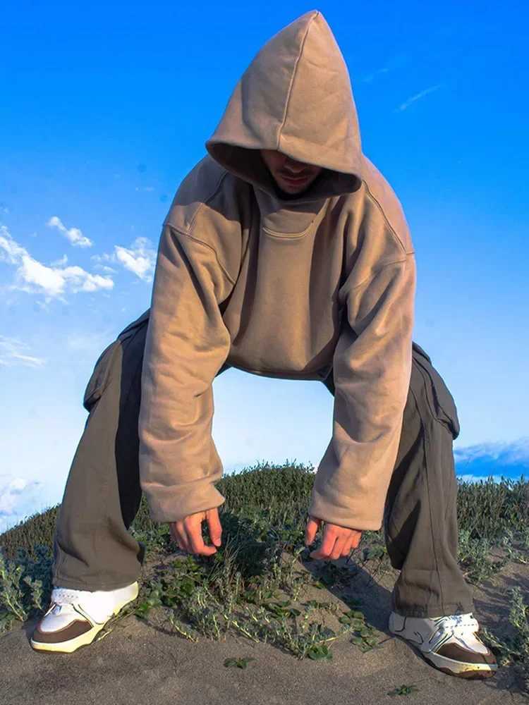 High Quality Oversi Cropped Hoodie Plover Mens Fashion Solid P Kangaroo Pocket Sweatshirt M Street Loose Warm Hoodie T241118