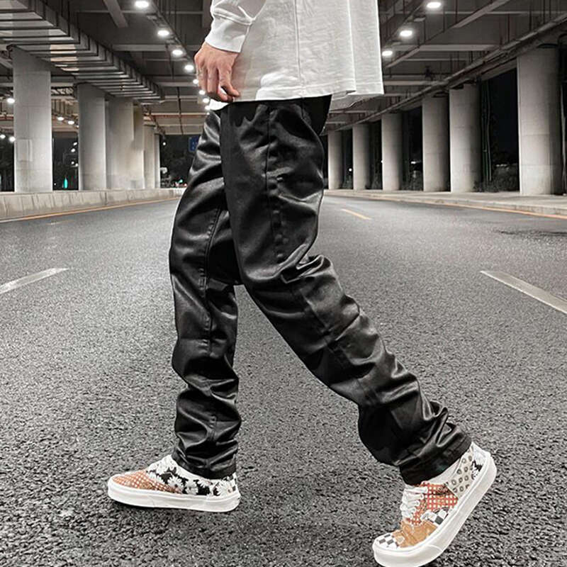Haruku Black Jeans Men's Vibe Waxed Casual Trousers Straight Pockets Oversized Pencil Loose Hip Hop Mens Pants