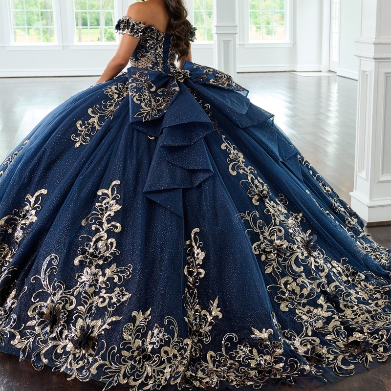 Navy Blue Shiny Quinceanera Dresses Off The Shoulder Sequin Gold Appliques Beads Tull Ball Gown Lace Up Vestidos De 15 Anos Sweet 16 Dress