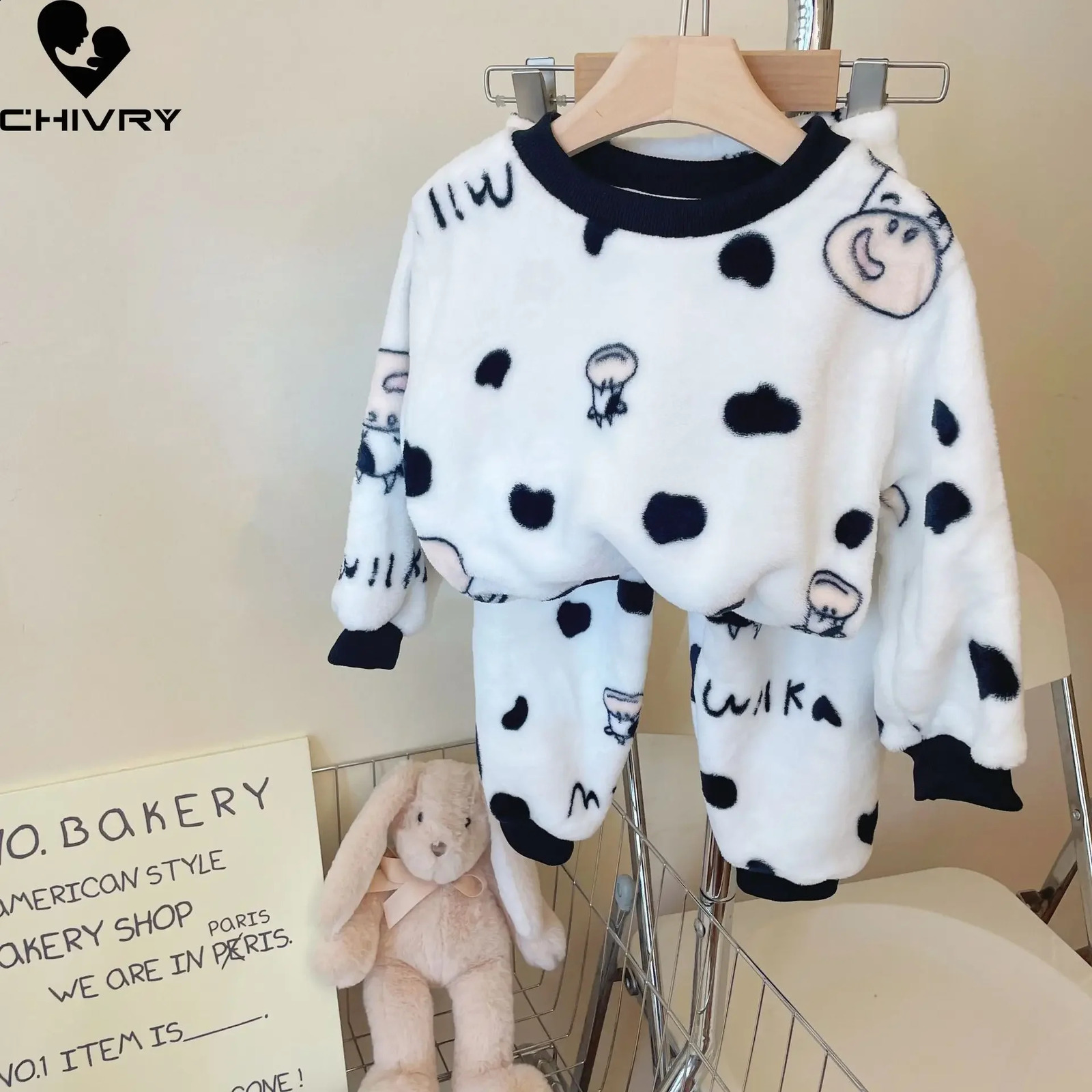 Autumn/Winter Childrens Thick Soft Flannel Pajama Set Baby Boys and Girls Cartoon O-Collar Zipper Warm Pajama Set 241118