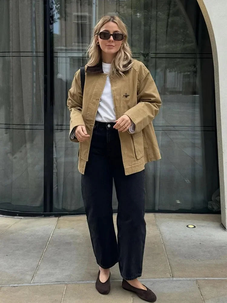 Casual Comparison Collar Jacket Womens Goods Long Sleeve Single Chest Pocket Jacket 2024 Autumn Womens Fashion Street Clothing 241118