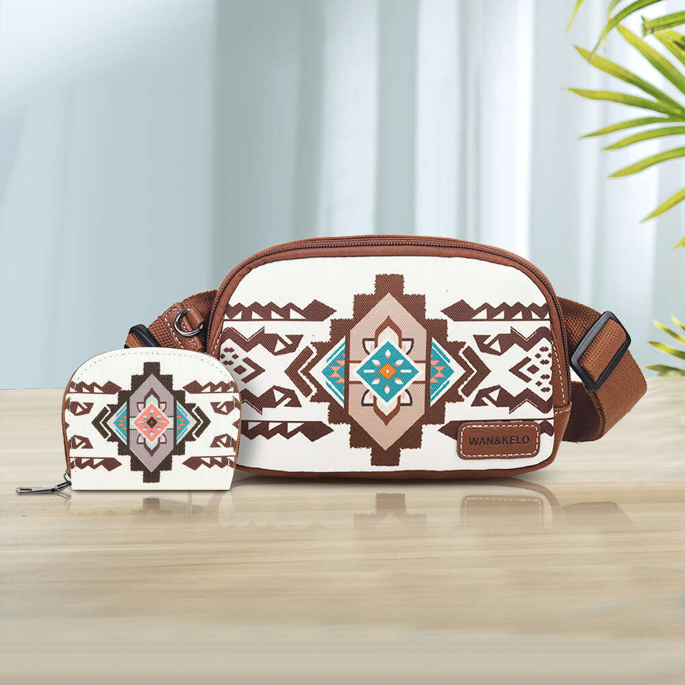 Hot selling two-piece Bohemian ethnic style women's crossbody small card chest bag, waist bag