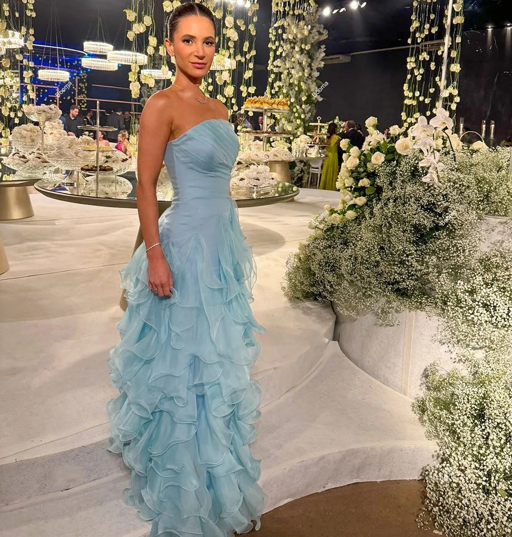 Light Fashion Blue Prom Formal Dresses Strapless Sleeveless Ruffles Tulle Evening Birthday Dress Party Gowns Robe De Soriee Customed