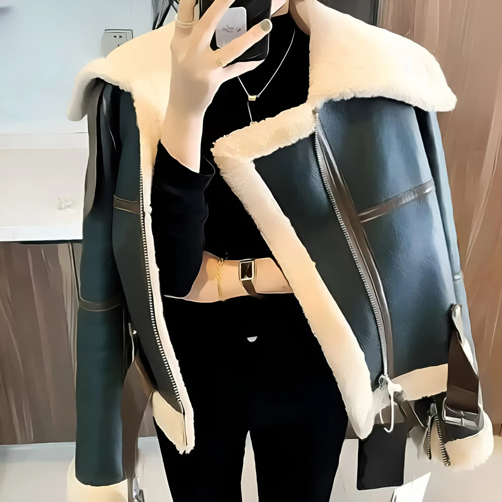 Winter Womens Green Splicing Work Big Collar Motorcycle Jacket Thick Short Wool Coat 241118