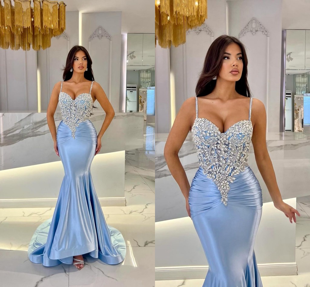 Elegant Light Sky Blue Mermaid Evening Dresses Long for Women Spaghetti Straps Crystals Rhinestone Draped Pleats Prom Birthday Pageant Special Ocn Dre