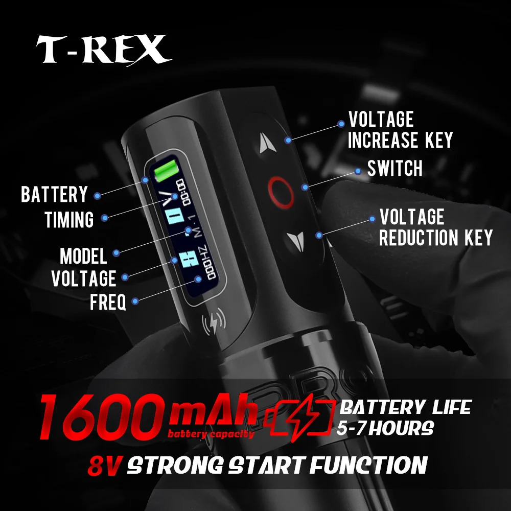 T-Rex cordless tattoo pen machine gun with 2 replaceable batteries rotating coreless tattoo motor digital voltage display 241118