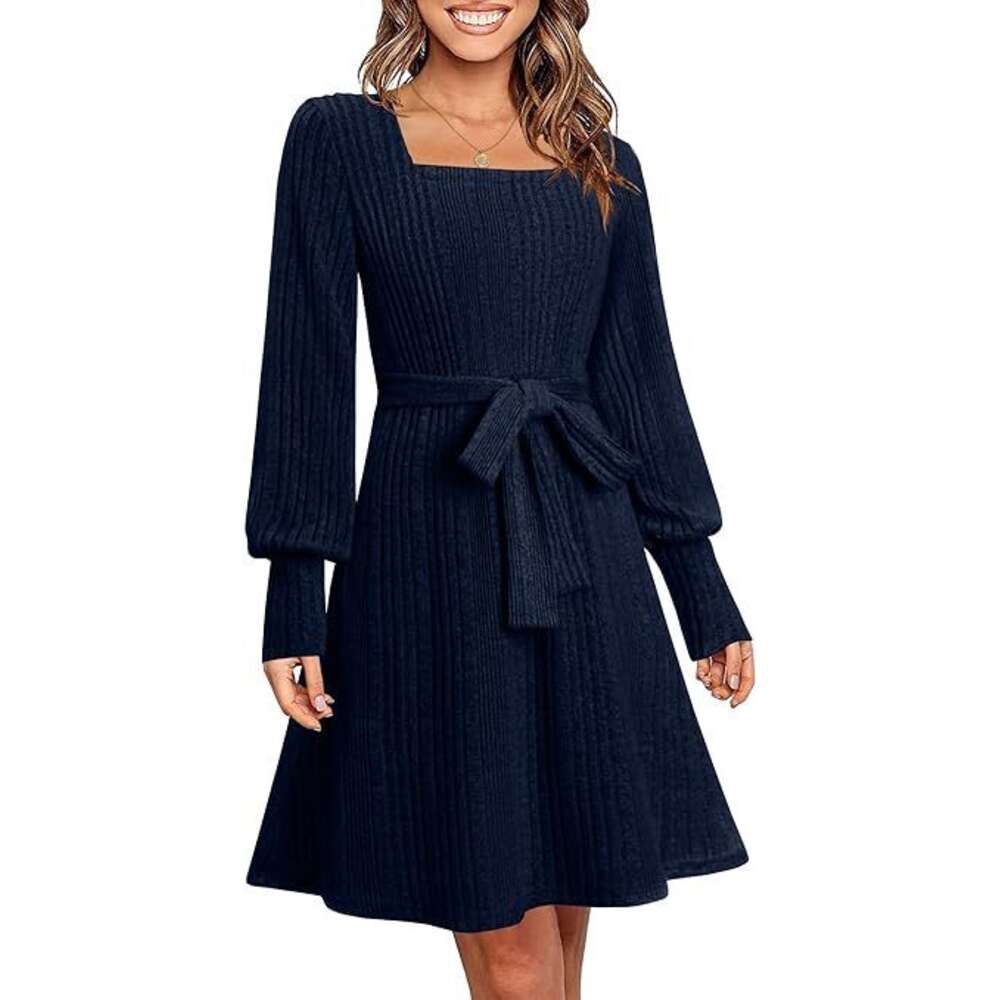 2024 New Women's Leisure Dihua Striped Square Neck Long Sleeved Fashion Dress F41838