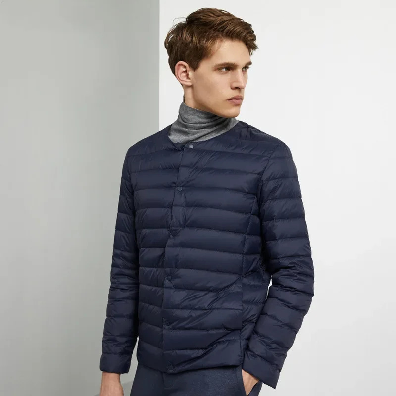 Mens lined duck down jacket O-neck variable V-neck mens winter warm collarless ultra light quilted puff coat 241118