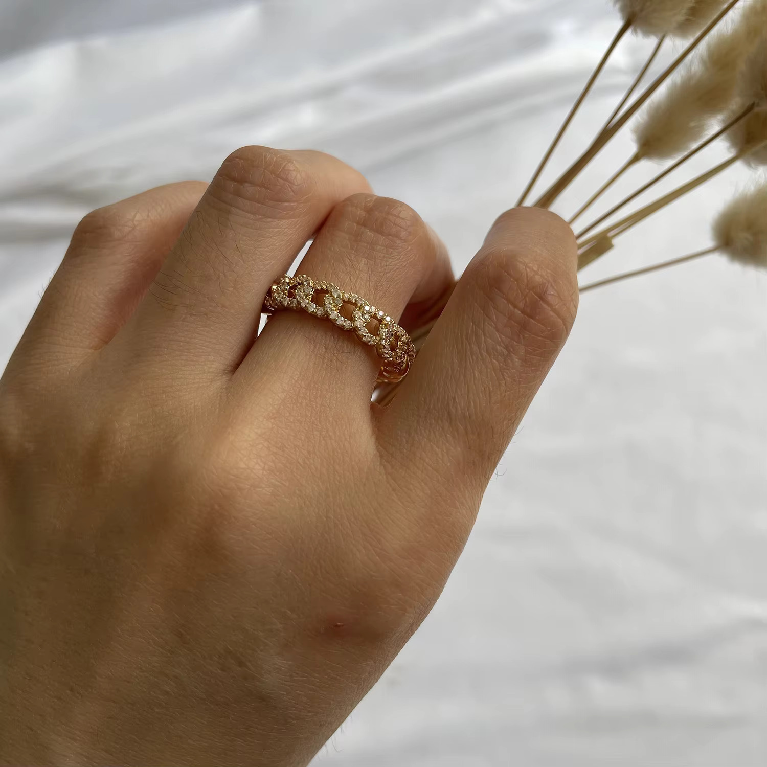 Waterproof Non Tarnish Jewelry 18k Gold Plated Zircon Chunky Cuban Chain Finger Open Ring Pave Diamond Adjustable