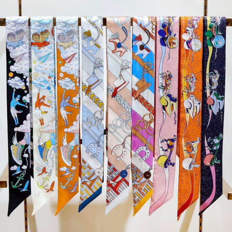 New Cloud Double layered Twill Small Thin Narrow Scarf Versatile Silk Ribbon Long Strip