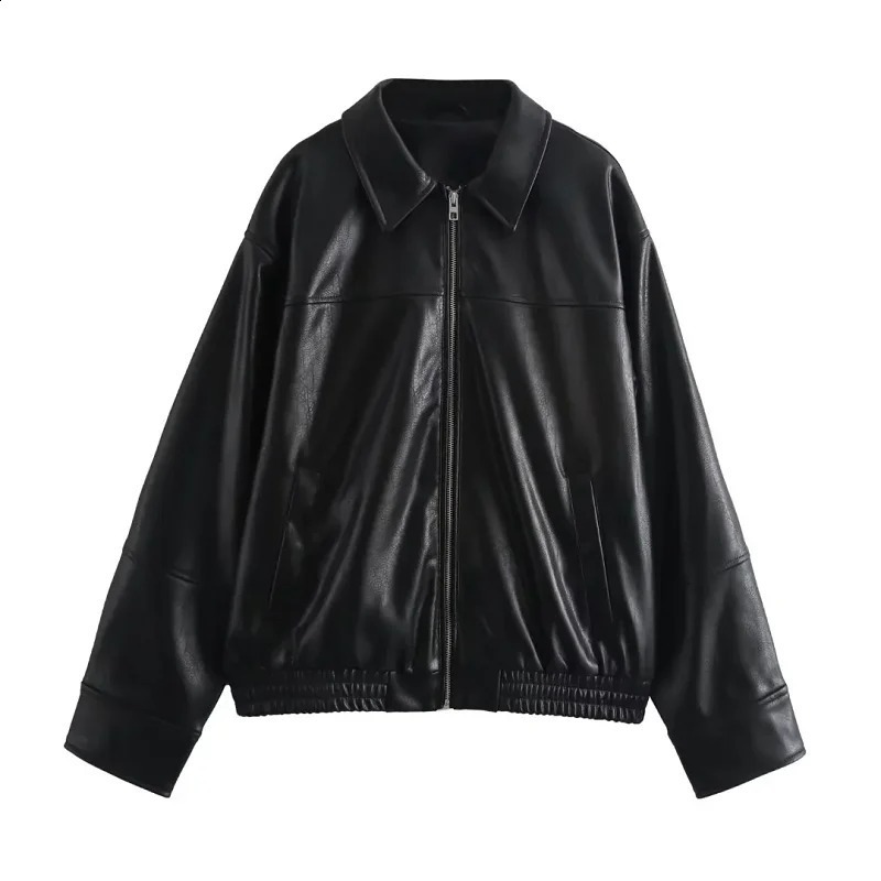 TRAF leather jacket womens autumn winter long sleeved oversized jacket womens fashionable office black brown jacket 241118
