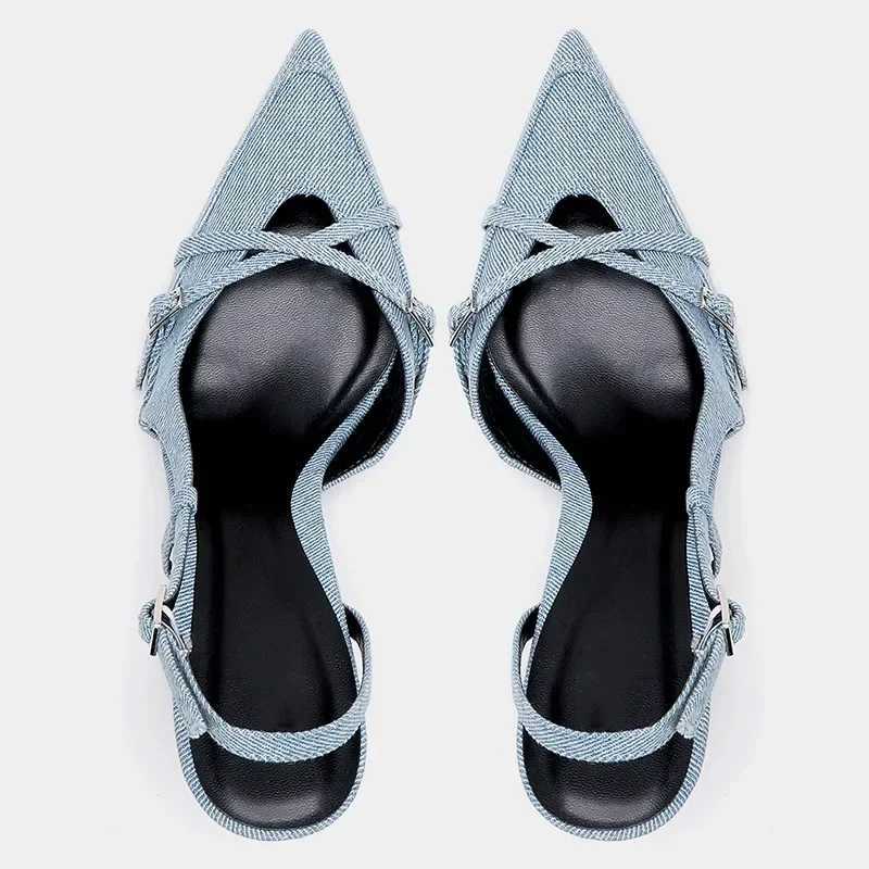 Designer heels TRAF 2024 Summer Warm Denim Blue H Pump Stiletto High Heels Sexy Wan Sandals Fi Hanging Back Corner End Shoes Y241118