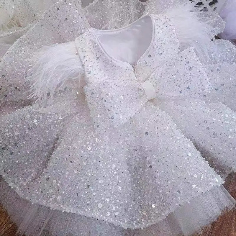 Baby Girls Dresses For Childrens Feather Sequins Princess Tutu Dress Birthday Party Wear 240416