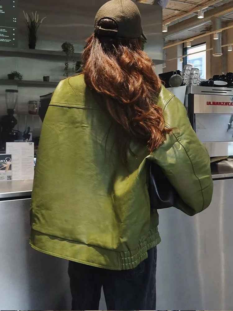 2024 Chic Avocado Green Single Breasted Leather Jackets Fashion Oversized Lapel Zipper Coats Lady Motocycle Streetwear 241118