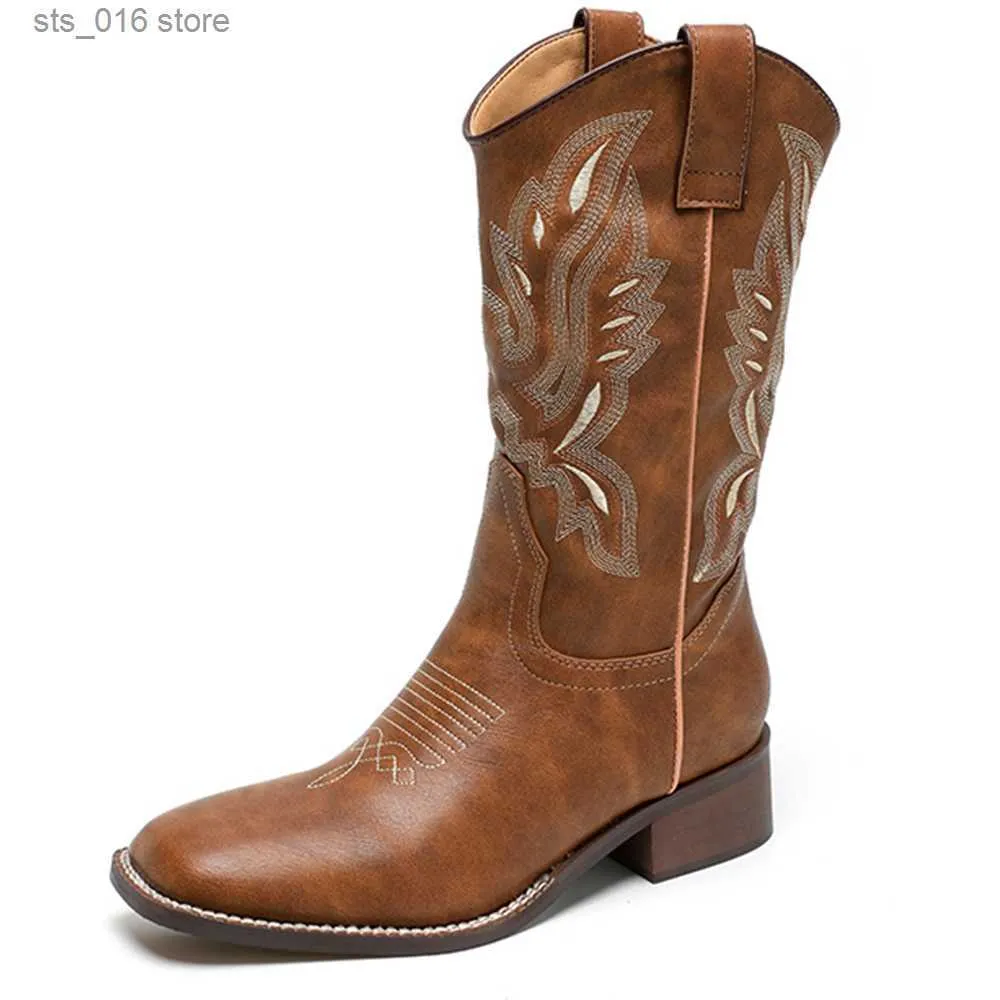 Cowboy Mid Western Cowgirls Calf Boots For Women Chunky Heel Embriodery Sip On Vintage Brand Designer Comfy Shoes Woman T230824 241119