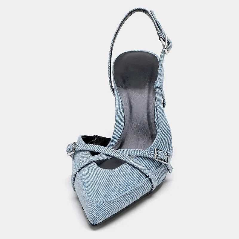 Designer heels TRAF 2024 Summer Warm Denim Blue H Pump Stiletto High Heels Sexy Wan Sandals Fi Hanging Back Corner End Shoes Y241118