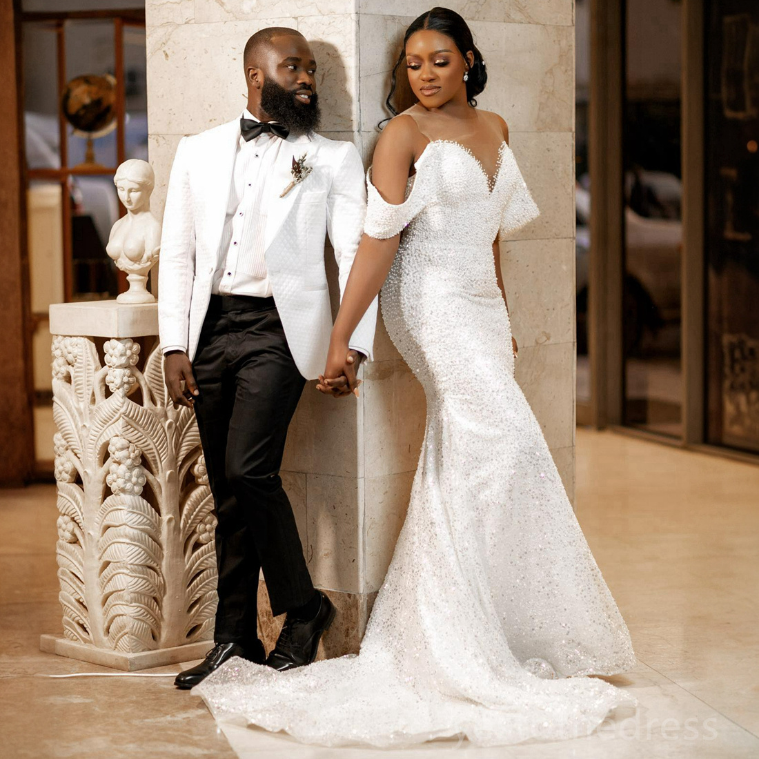 2024 Mermaid Wedding Dresses Bridal Gowns with Detachable Train Sheer Neck Sequined Lace Pearls Decorated Wedding Gowns for African Black Women Bride 