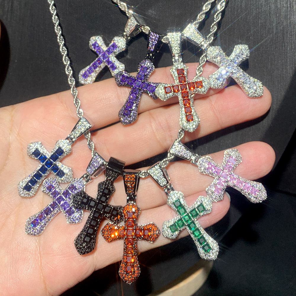 Wholesale Classic Colorful 5A CZ Cross Pendant Necklace For Men Women Hop Cubic Zirconia Jewelry 861b