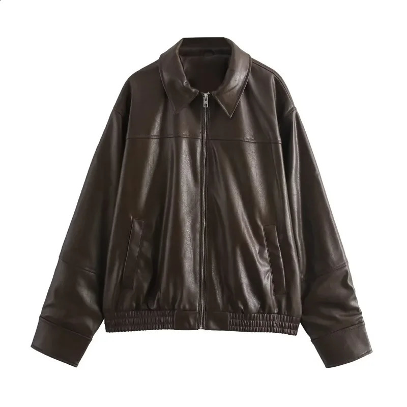TRAF leather jacket womens autumn winter long sleeved oversized jacket womens fashionable office black brown jacket 241118