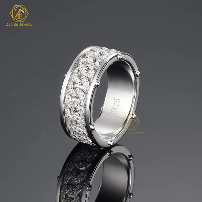 Factory Price White Gold Plated 925 Sterling Silver Vvs Moissanite Diamond 8mm Cuban Link Chain Band Ring for Men