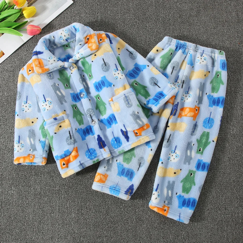 childrens boys and girls autumn and winter flannel pajamas set cartoon print long sleeved lapel top with pants pajama set 241118