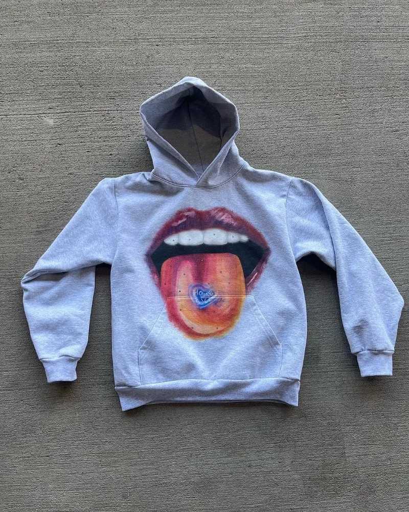 High Quality High Street Retro Big Mouth Anime Print Oversi Hoodie Mens Y2k Harajuku Fashion Hip Hop Rock Loose Plover Wen T241118