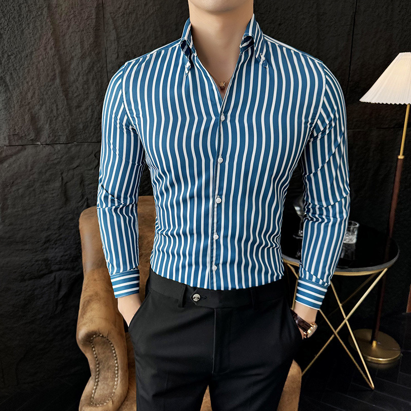 Men's Casual Shirts Luxury Gold Striped Shirt Men Long Sleeve Slim Top Quality British Business Formal Dress Camisa Social Masculina