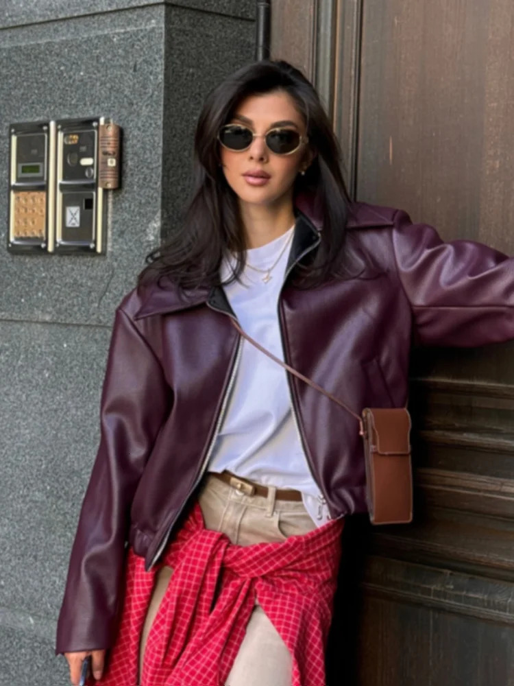 Elegant Chic Womens Short Pu Leather Jacket Fashion Lapel Long Sleeved Motorcycle Coat 2024 Autumn Female Party High Streetwear 241118