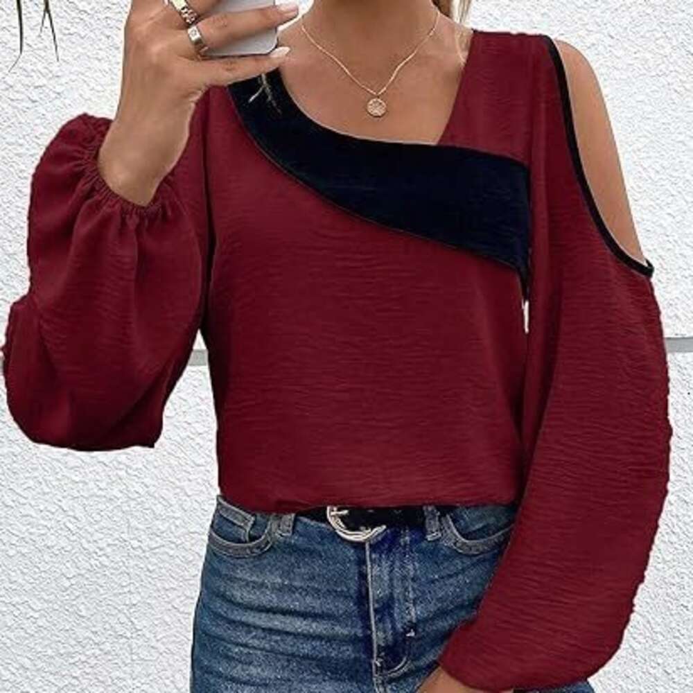 2024 Shirt Off Shoulder Patchwork Long Sleeved Fashionable Loose Fitting Women's Top F41829